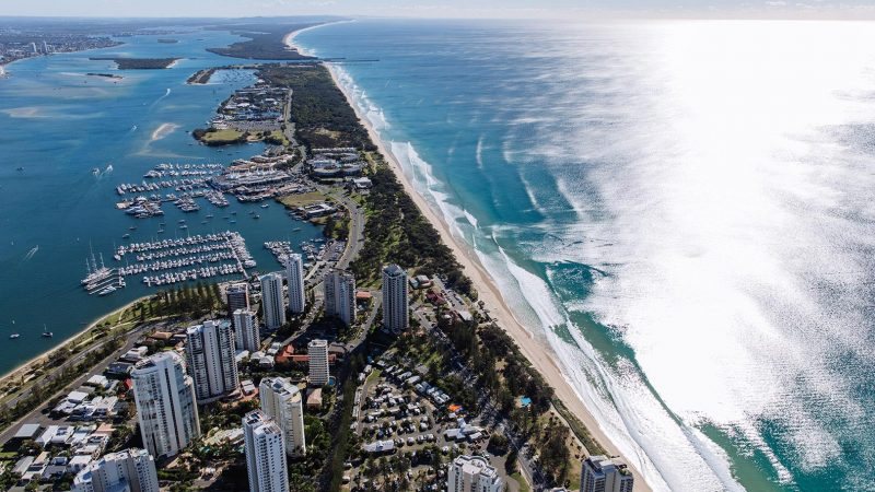 Aerial view of the Broadwater and marina near Main Beach